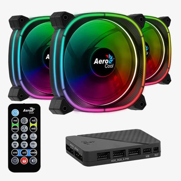 AeroCool Astro 12 ARGB Pro - 120mm PWM ARGB Cabinet Fan With Remote Control And H66F RGB Control Hub (Triple Pack)